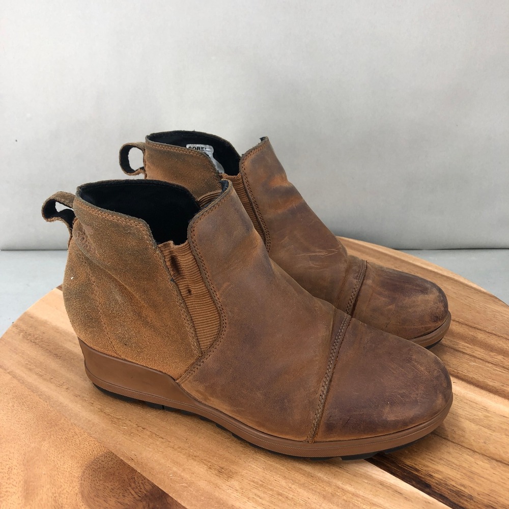 Sorel Brown Leather Wedge Ankle Boots Chelsea Booties Casual Shoes Womens 9